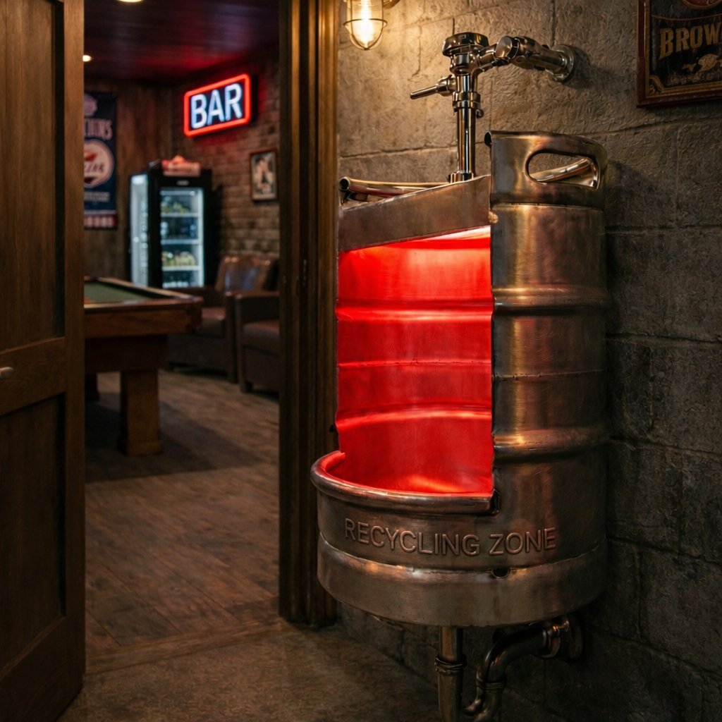 Beer Keg Urinal Bathroom Set β Stainless Steel Industrial Urinal Sink Mirror with Custom Flush Valve for Man Cave Bar
