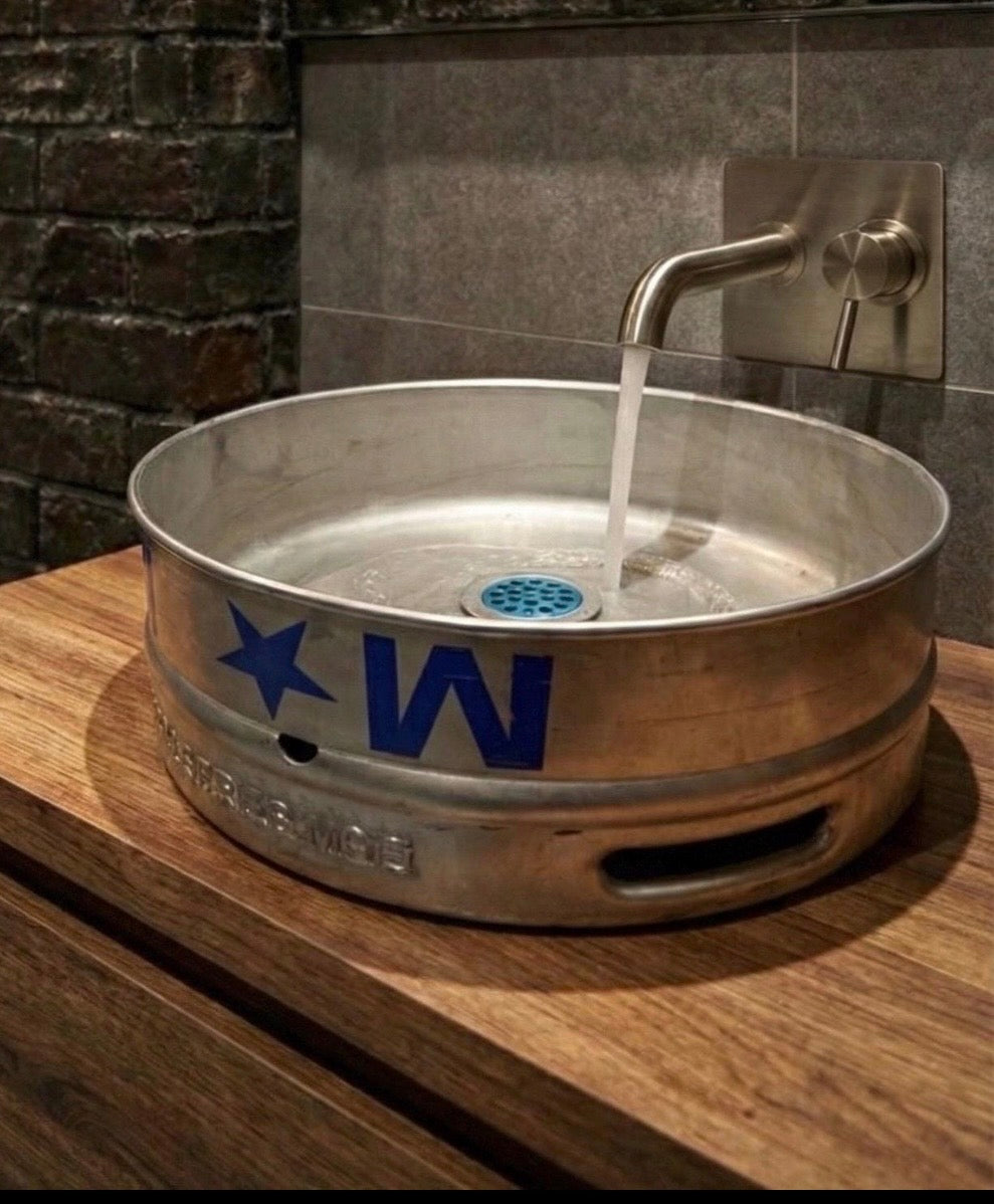 Beer Keg Urinal Bathroom Set β Stainless Steel Industrial Urinal Sink Mirror with Custom Flush Valve for Man Cave Bar