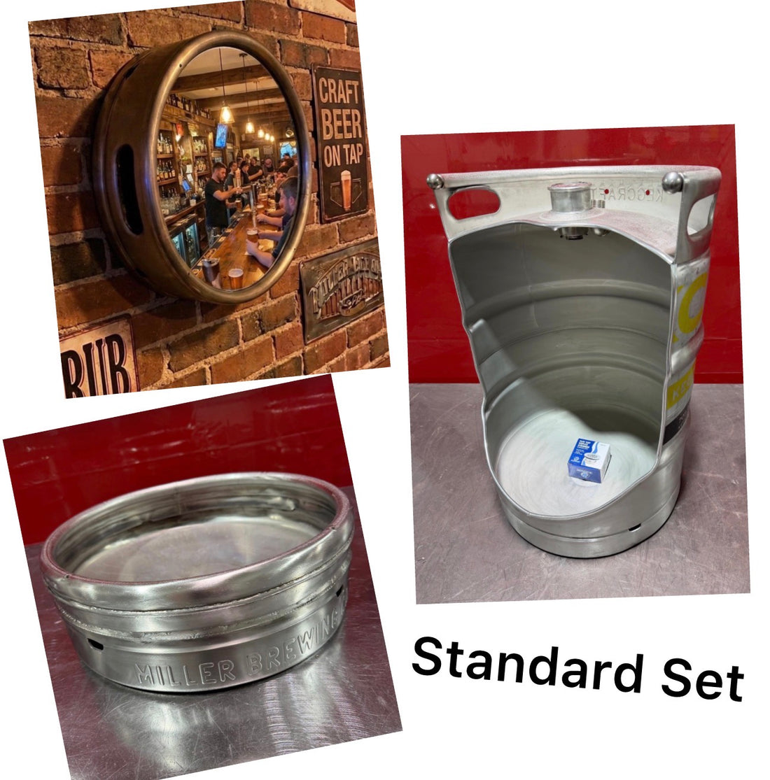 Beer Keg Urinal Bathroom Set β Stainless Steel Industrial Urinal Sink Mirror with Custom Flush Valve for Man Cave Bar
