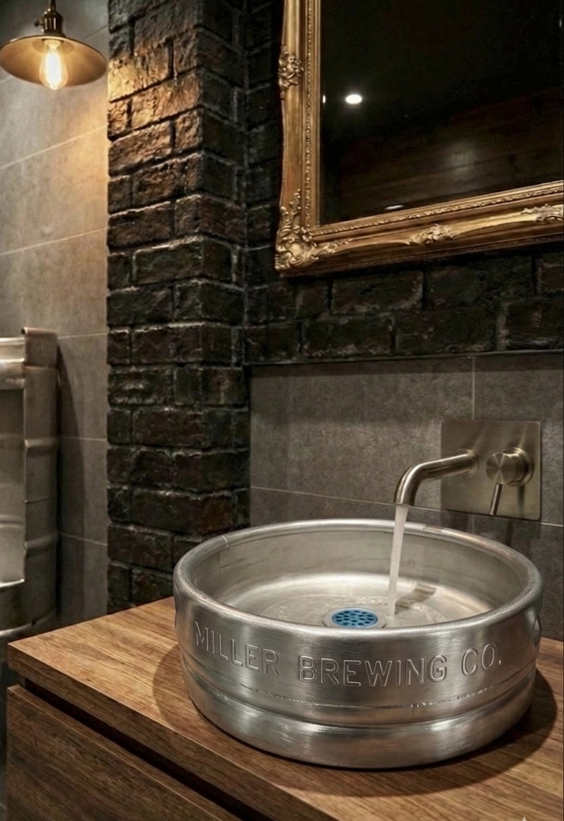 Beer Keg Urinal Bathroom Set β Stainless Steel Industrial Urinal Sink Mirror with Custom Flush Valve for Man Cave Bar