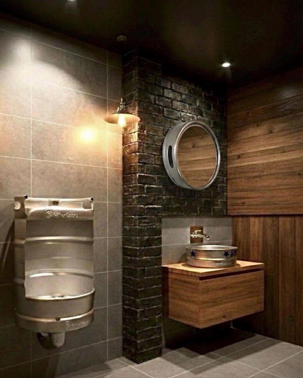 Beer Keg Urinal Bathroom Set – Stainless Steel Industrial Urinal Sink Mirror with Custom Flush Valve for Man Cave Bar