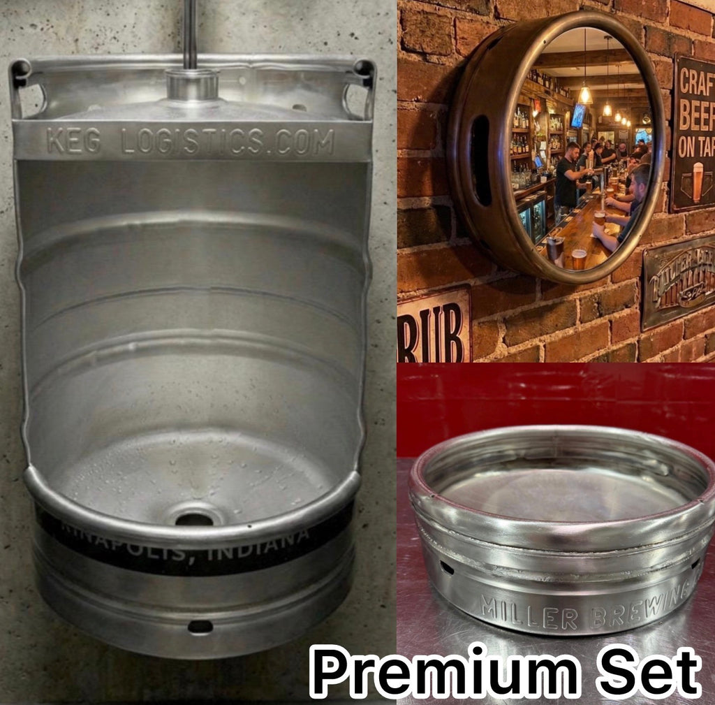 Beer Keg Urinal Bathroom Set – Stainless Steel Industrial Urinal Sink Mirror with Custom Flush Valve for Man Cave Bar