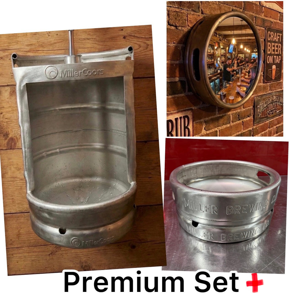 Beer Keg Urinal Bathroom Set – Stainless Steel Industrial Urinal Sink Mirror with Custom Flush Valve for Man Cave Bar