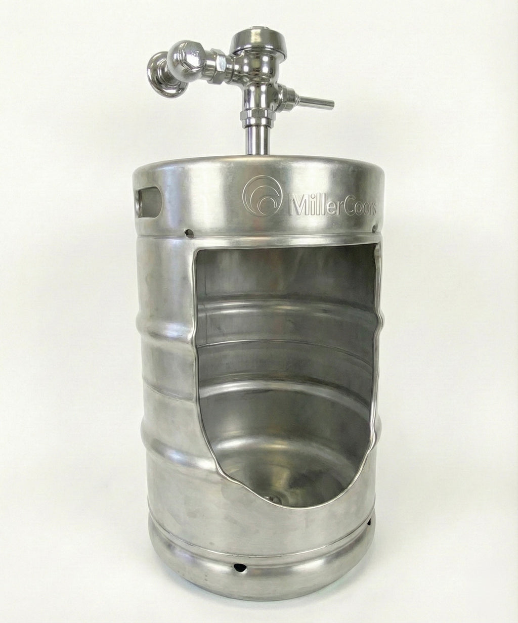 Beer Keg Urinal Bathroom Set – Stainless Steel Industrial Urinal Sink Mirror with Custom Flush Valve for Man Cave Bar